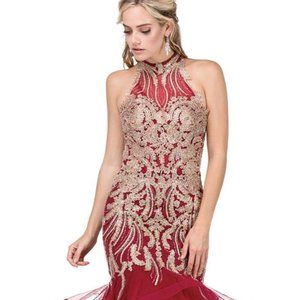 Gold Applique Halter Tiered Mermaid Prom Dress